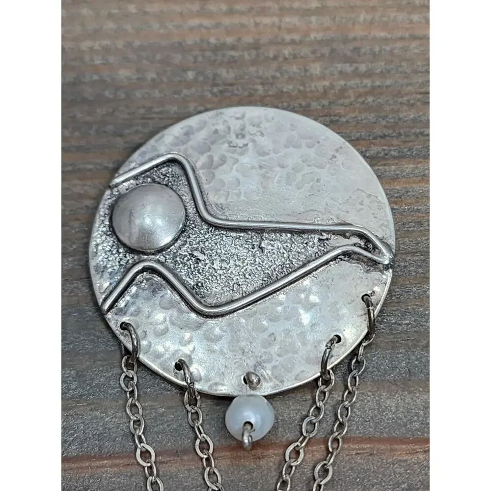 Artisan Handmade Sterling Silver 925 Hammered Moon Pearl Brooch Pendant Pin